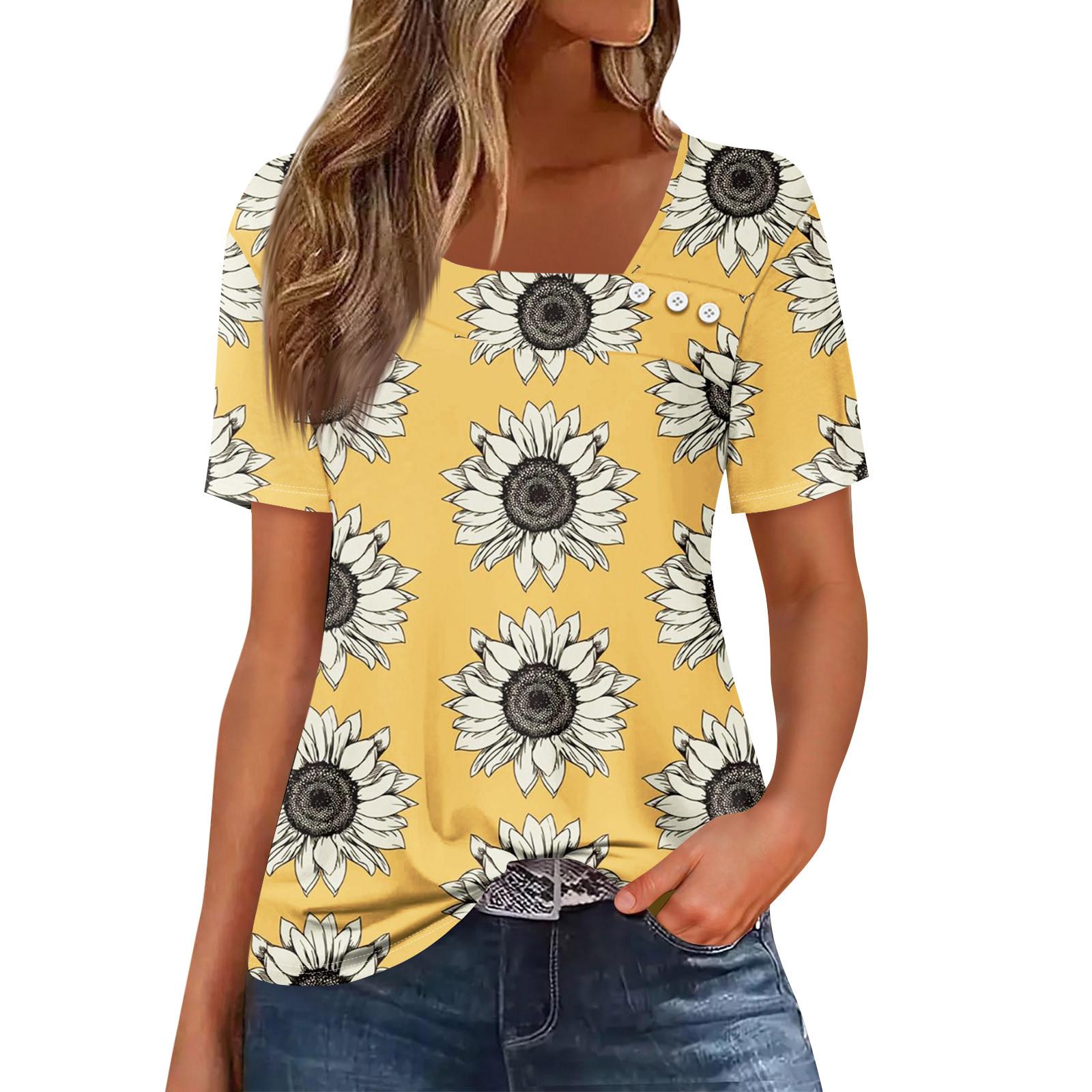 

Жіноча повсякденна футболка з асиметричним вирізом і короткими рукавами з принтом і декоративними ґудзиками XL жовтий