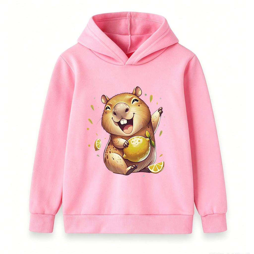 Kids Boys Girls Hooded Sweatshirt, Cute Happy Capybara Holding Lemon Print Pullover Hoodie, Soft Casual Long Sleeve Top for Children Daily Wear