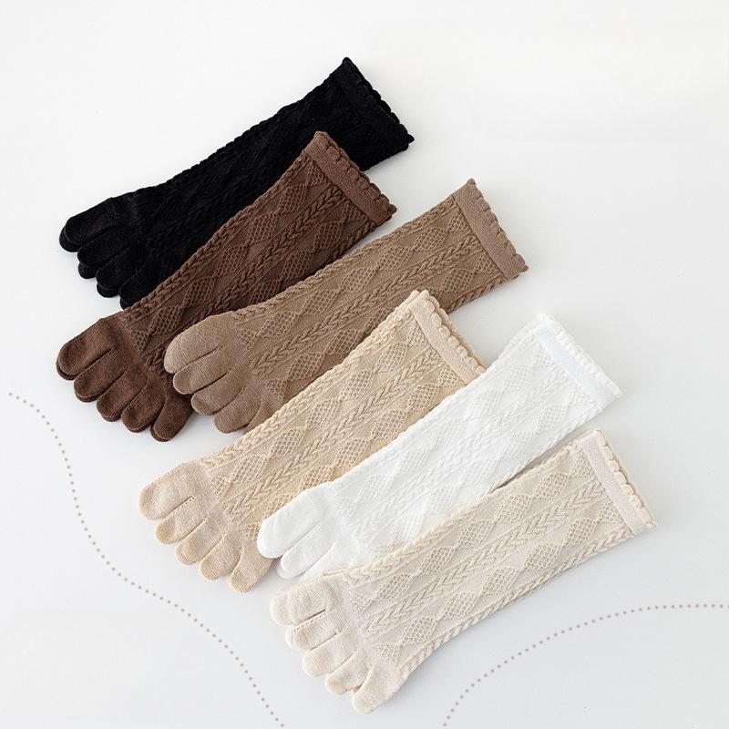 6 Pairs Women Spring and Autumn Pure Cotton Five Finger Socks Retro Solid Color Lace Striped Split Toe Socks Vintage Comfortable Socks