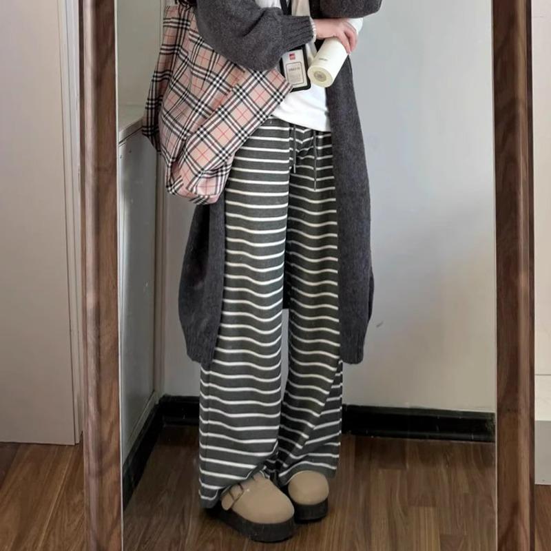

Cozy Wide-Leg Drawstring Pants: Slimming High-Waist Striped for Petite, Autumn/Winter L (suitable for 111-120 jin)