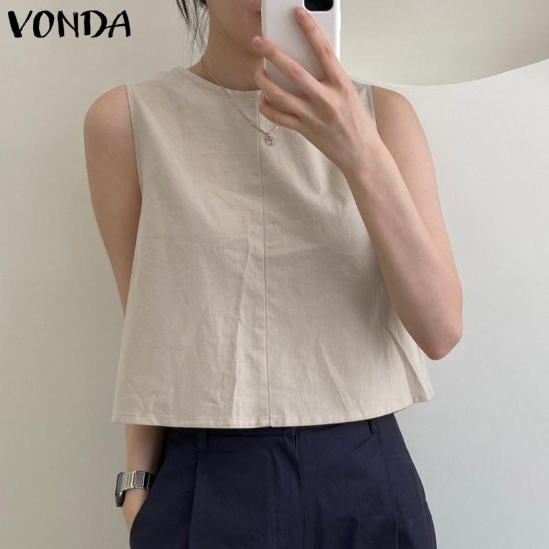VONDA Women's Summer Round Neck Sleeveless Button Patch Solid Color Loose Vest