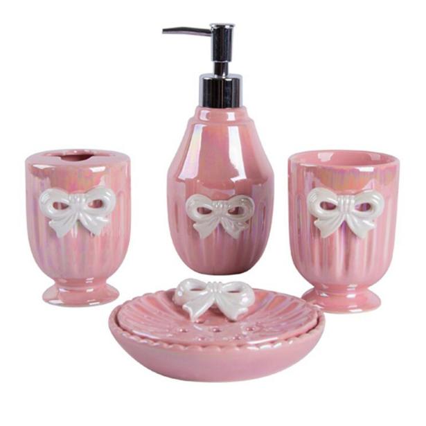 Girl Wind Ceramics White Bow Bathroom Five-piece Suit Toiletries Bathroom Kit Accessories Mouthwash Cup Lotion Bottle Soap Dish