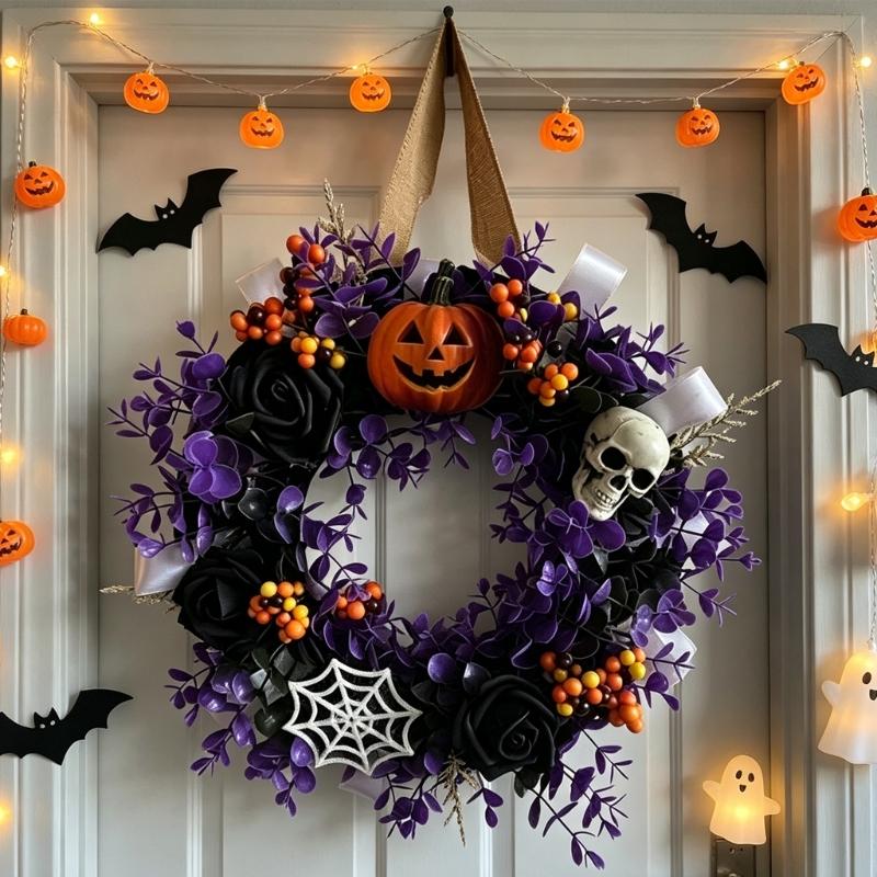 Artificial Flower Halloween Wreath Artificial Pumpkin Skull Spiderweb Wreath Hanging Decoration for Front Door Wall or Party Display