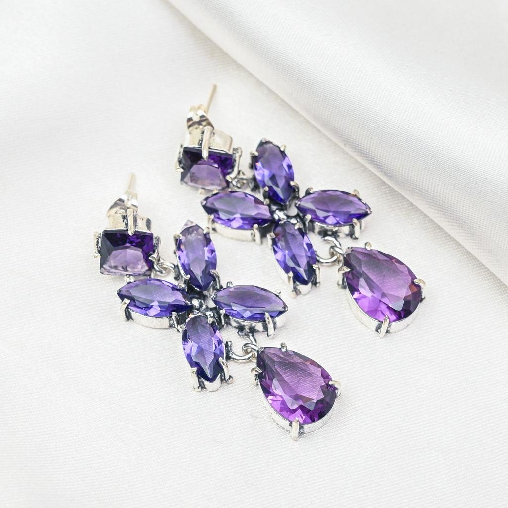Brincos de ametista, joias com pedras preciosas, brincos de prata esterlina sólida 925, presente para mulheres, brincos feitos à mão