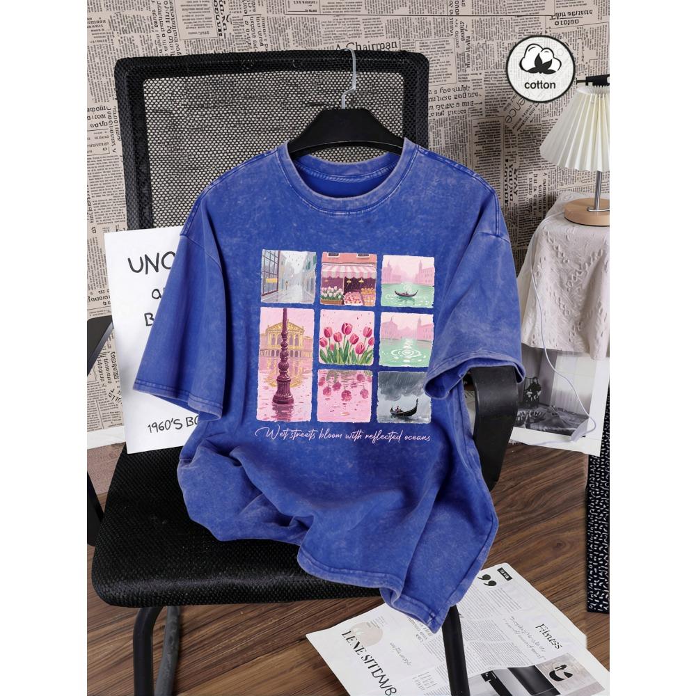 

Wet Streets Bloom With Reflected Oceans Print Women Washed T-Shirt Summer O-Neck T Shirt Cotton Loose Clothing Tops 3XL