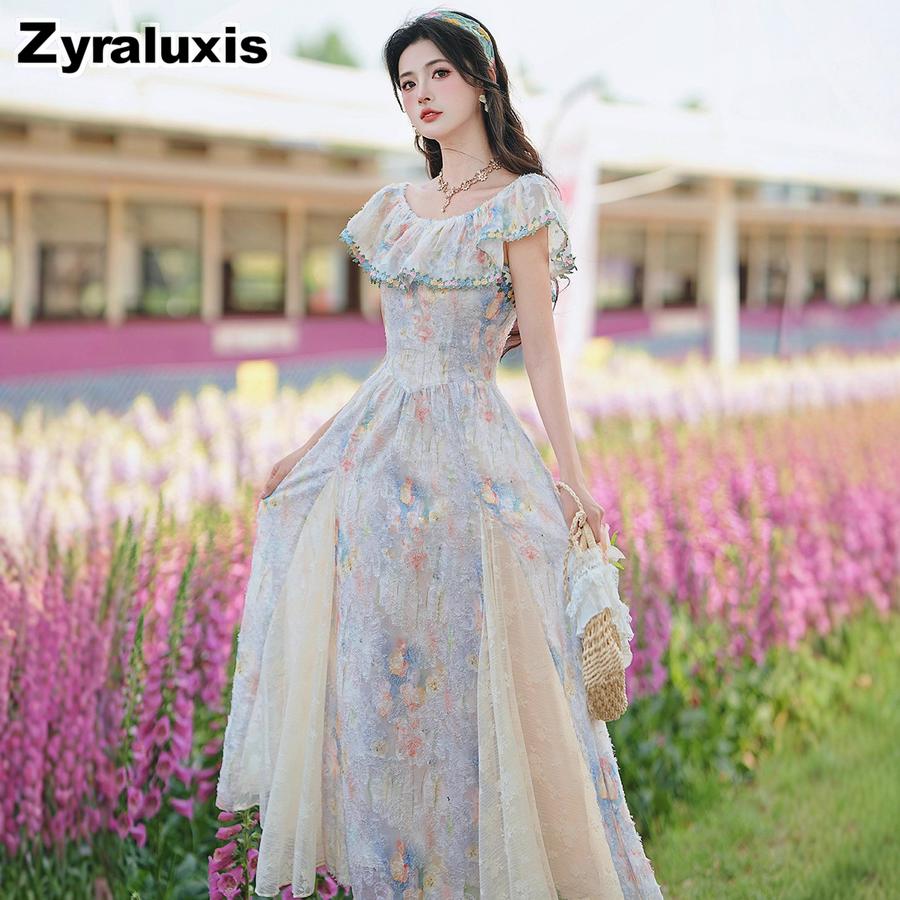 French Fairy Lace Mesh Halter Dress Vacation Maxi Skirt Floral Sundress