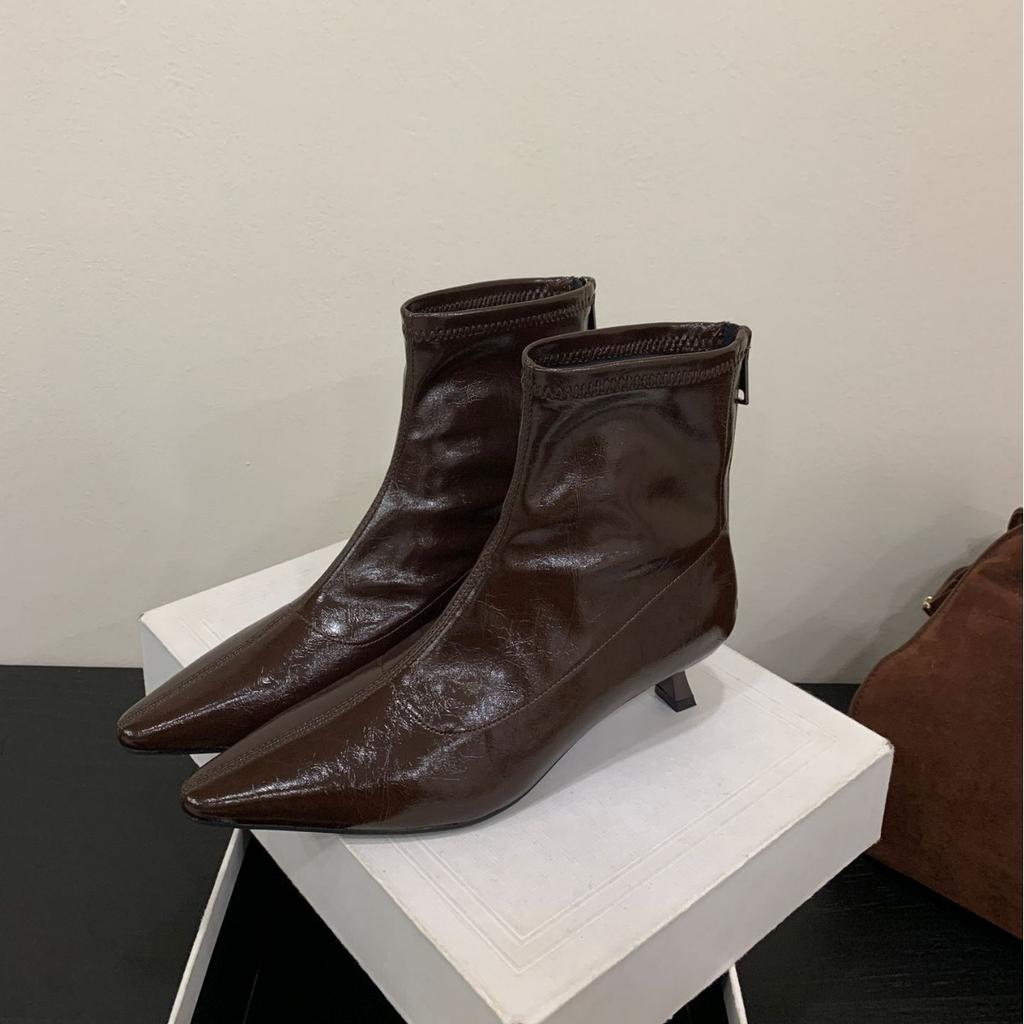 2025 new pointed soft leather soft bottom rear zipper stiletto versatile low tube Martin fashion women's short boots