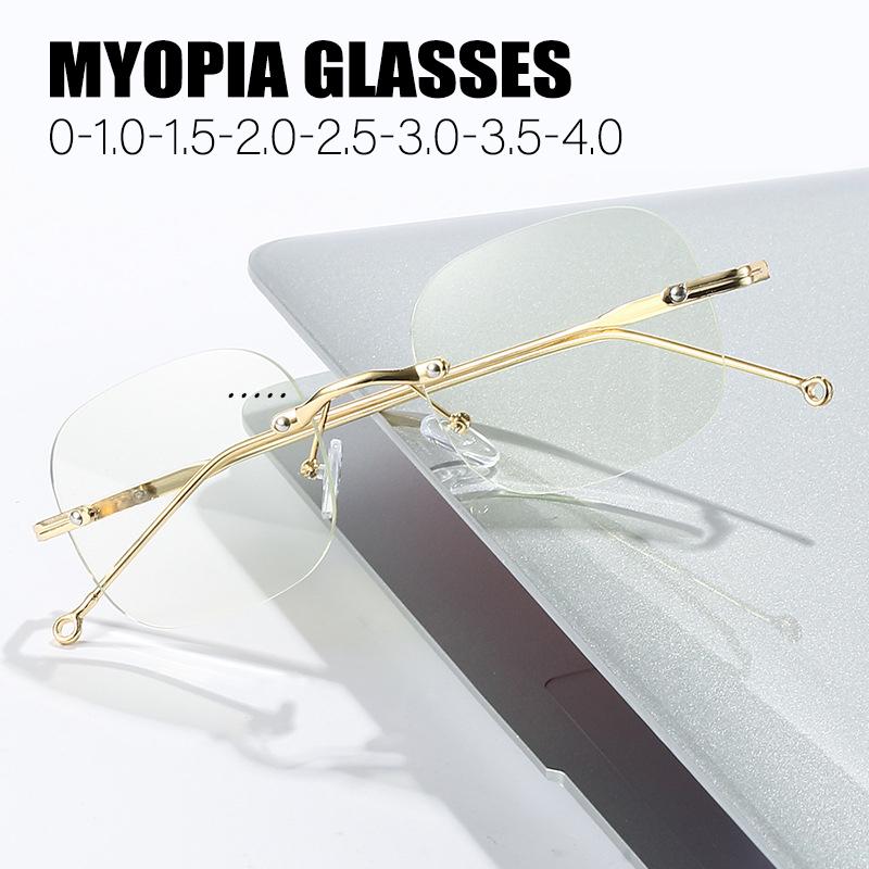 Rimless Rectangle Myopia Glasses Women Men Anti Blue Light Finished Prescription Eyewear Silver Gold Alloy Glasses Frame