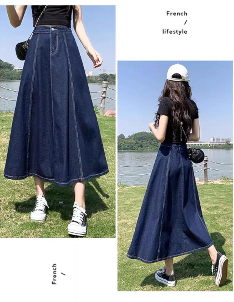 SpringSwalloow Ležérní rozšířená džínová midi rozšířená rovná pod midi pro a business styl dámská sukně áčkového střihu s vysokým pasem, dlouhá, délka, sukně,