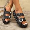 Metal Buckle Decor Flat Sandals Women Plus Size Thick Sole Chunky Platform Slippers 2025 Summer Comfort Non Slip Beach Slides