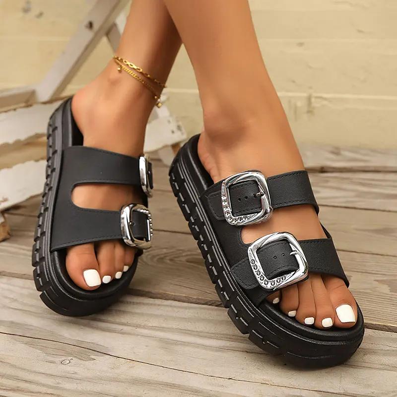 Metal Buckle Decor Flat Sandals Women Plus Size Thick Sole Chunky Platform Slippers 2025 Summer Comfort Non Slip Beach Slides