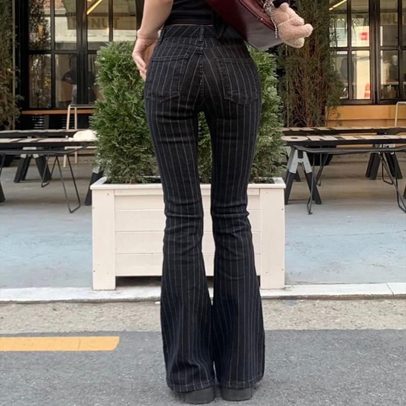 Clothes Y2k Low Rise Boot Cut Jeans Woman Casual Black Striped Denim Trousers Streetwear Flare Pants