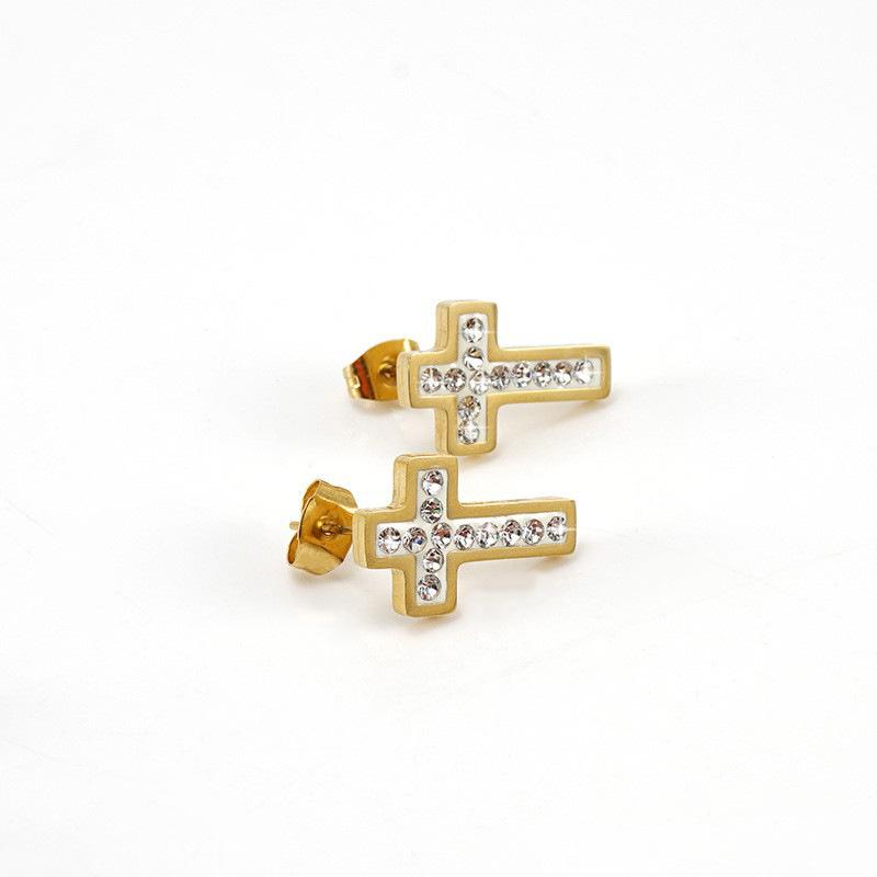 Stainless Steel Cross Diamond Stud Earrings Women's 18K Titanium Steel Versatile Earrings Earrings