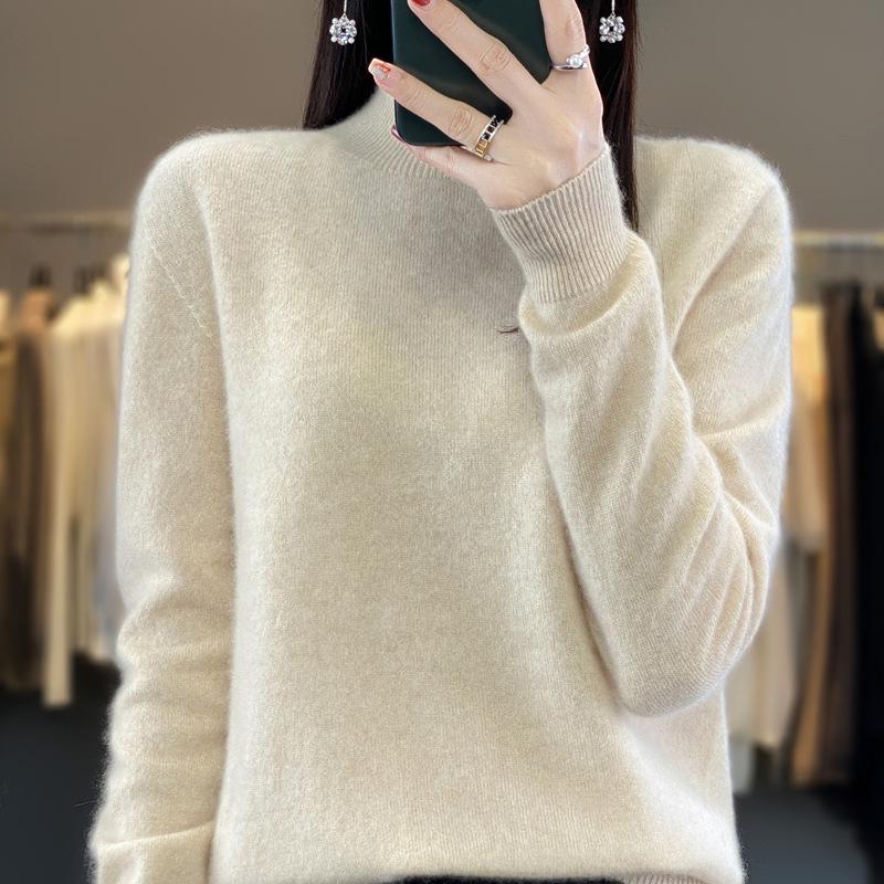 Women's Half-High Neck Wool Sweater Pullover - Loose Fit, Autumn/Winter Knitwear