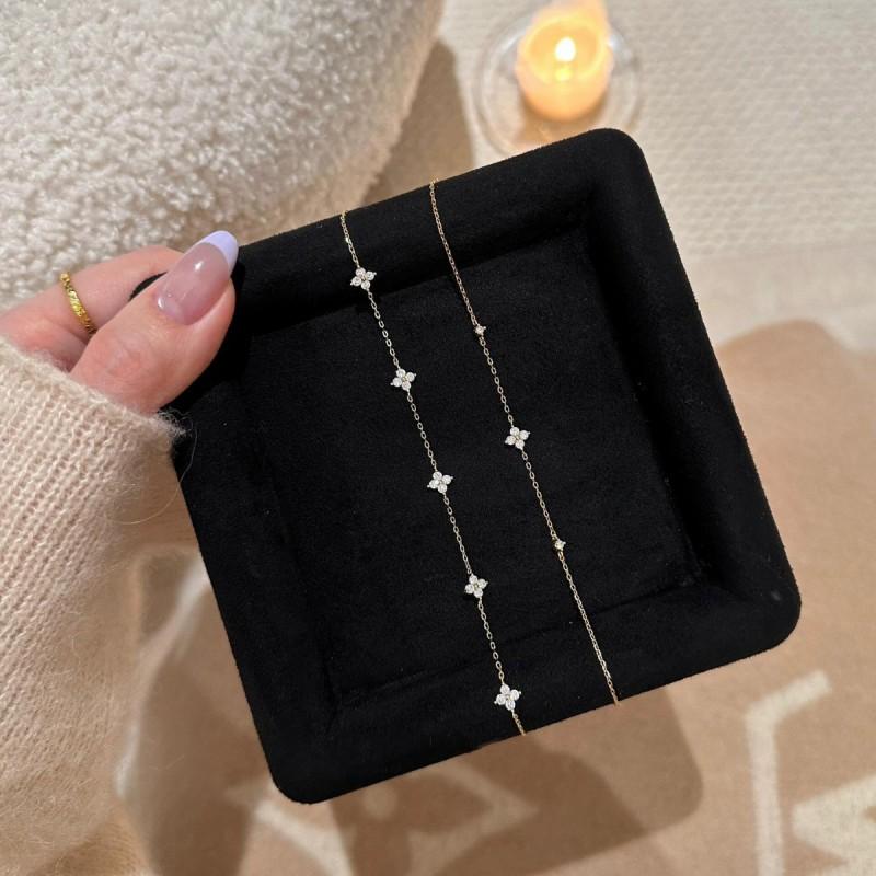 18K Gold Plated Mini Four Leaf Clover Zirconia Bracelet Women Sterling Dainty Floral Jewelry Gift
