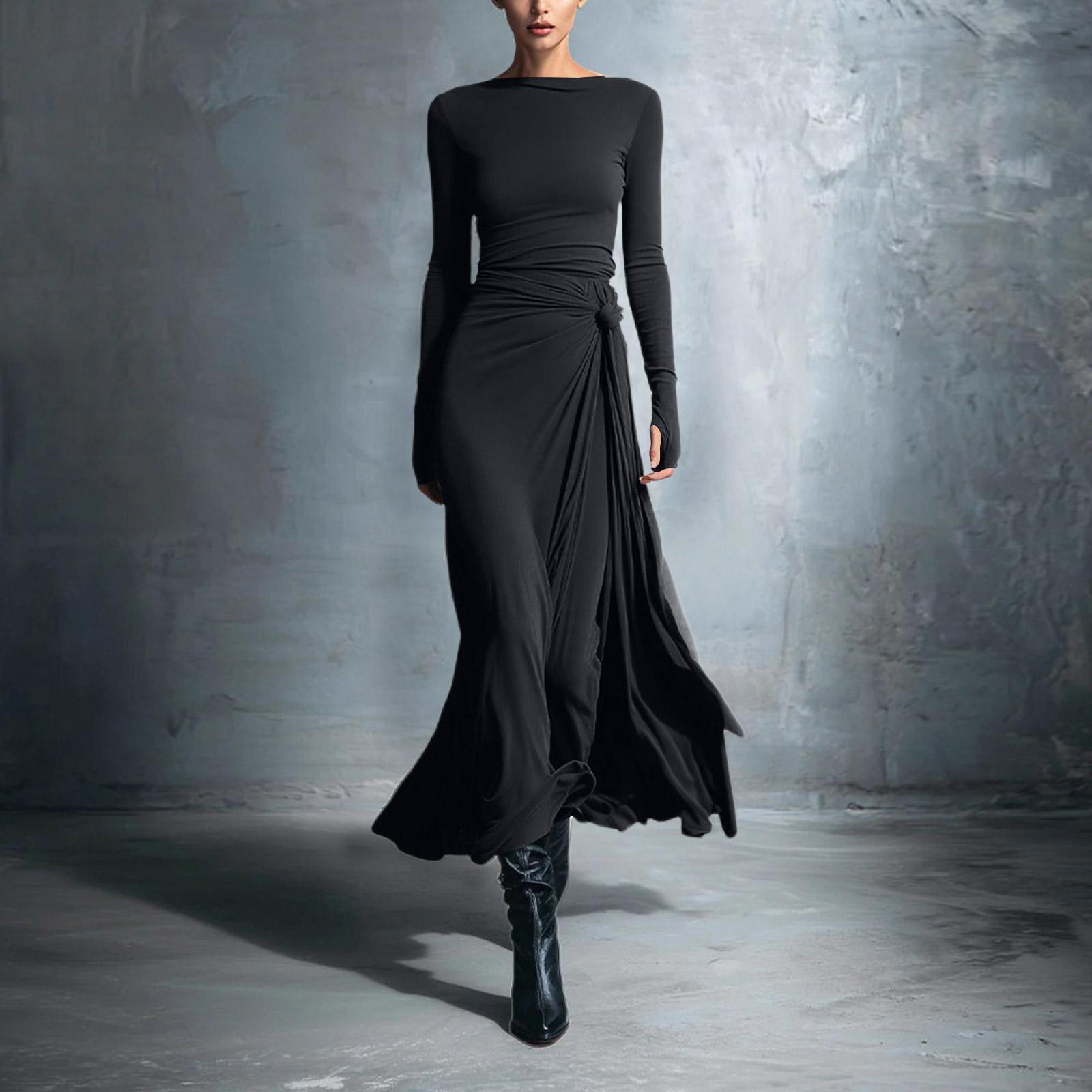 

Women s Color Round Neck Long Sleeved Waist Cinched Dress L чорний