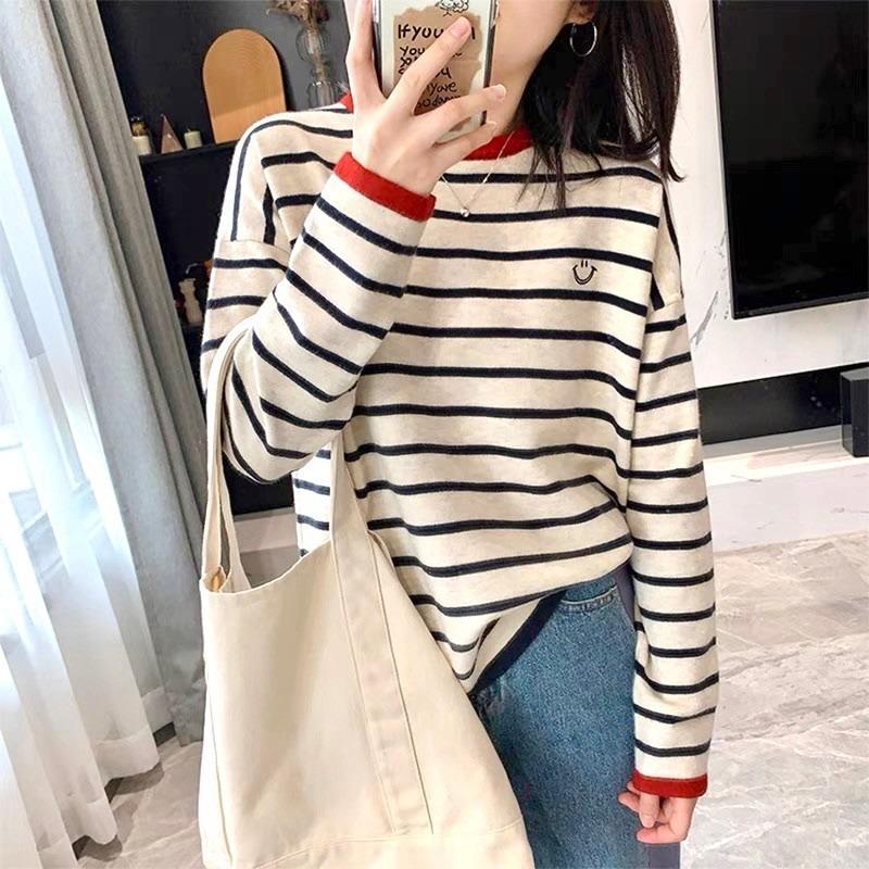 Large Size Loose and Lazy Knitted Bottoming Shirt Women's Autumn Casual and Thin Embroidered Top Contrasting Color Striped Soft Waxy Sweater