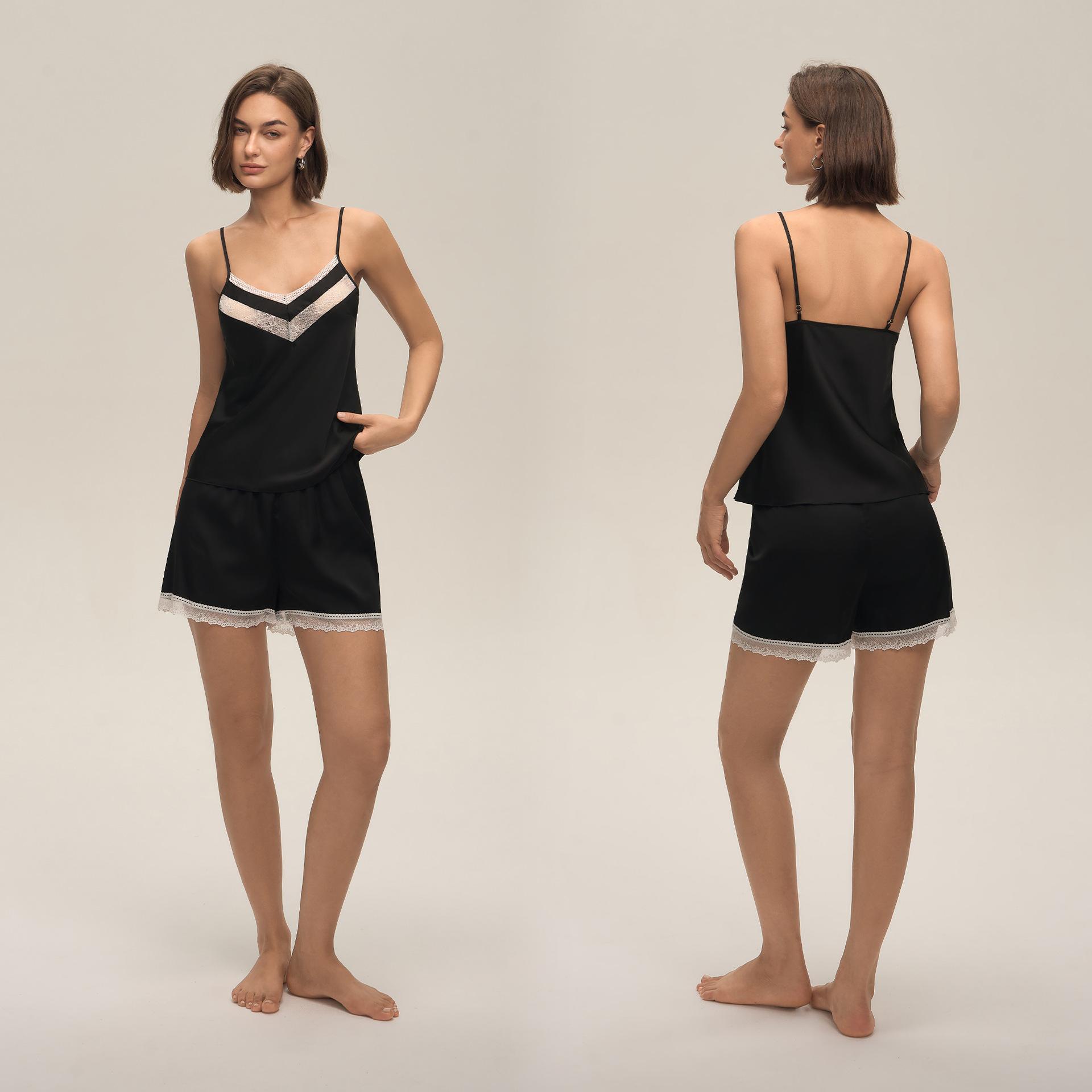 Satin Pajama Set for Women 2 Piece Camisole Top and Shorts Set Silk Lingerie with Ruffle Nightwear Sexy Lace Pajamas Set Lounge Wear for Women S