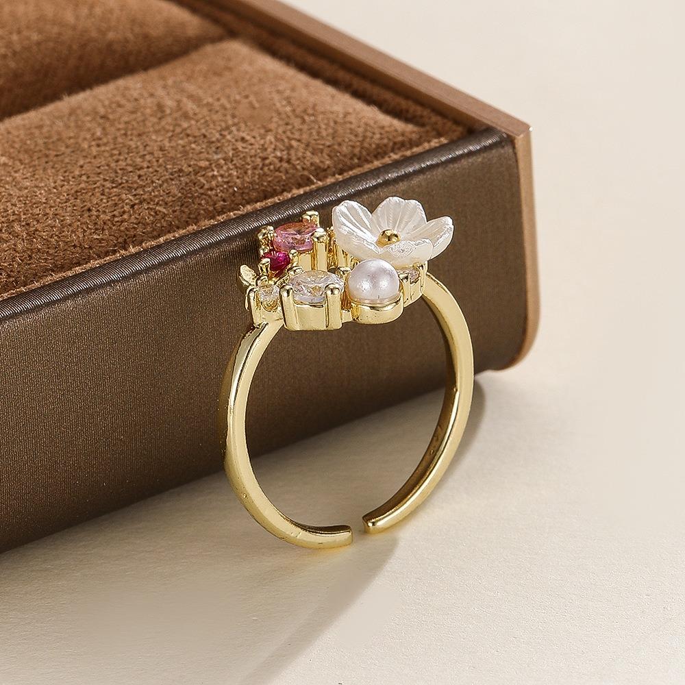 Creative Sweet Garland Micro-inlay Zircon Butterfly Flowers Pearl Open Rings for Women Exquisite Stainless Steel Finger Jewelry