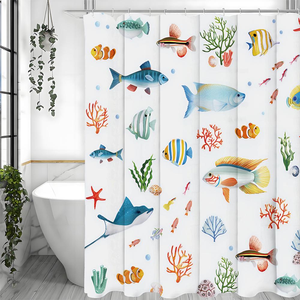 Tropical Fish Coral Shower Curtain, Bathroom Decorative Shower Curtain, Waterproof Shower Curtain with Hooks
