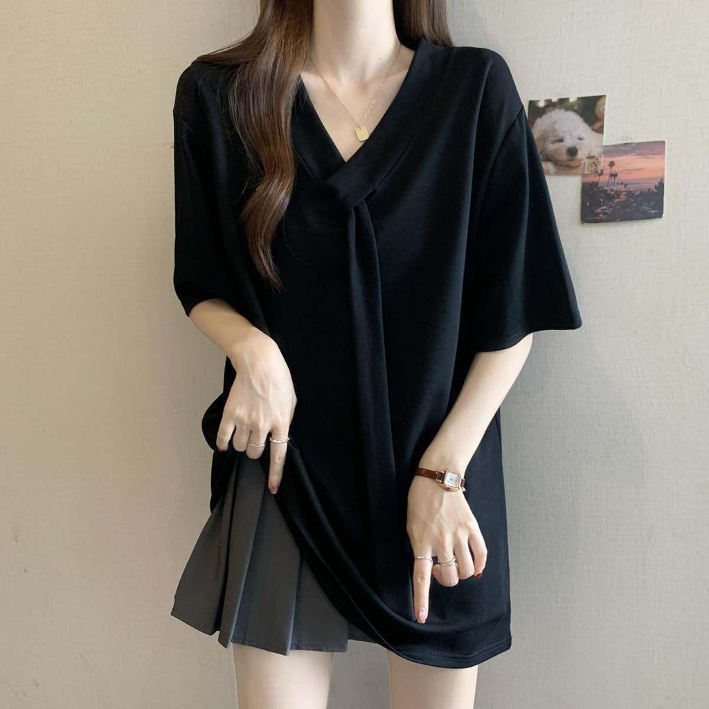 2026 Plus Size V-Neck Short-Sleeve Slimming T-Shirt for Women - Loose Fit, Flaw-Hiding Summer Fashion Top
