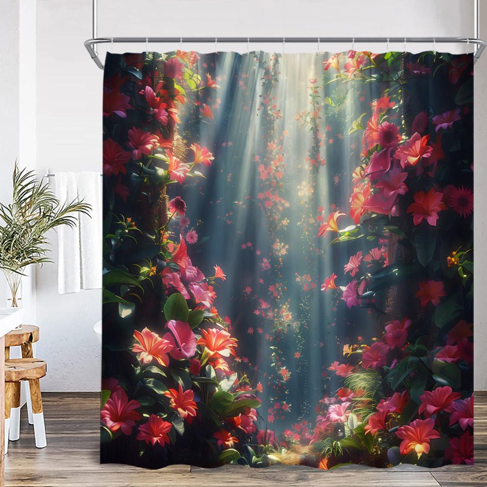 Watercolor Floral Shower Curtain Flower Plant Butterfly Purple Blue Golden Blossom Bathroom Decor ModernPolyester Bath Curtain