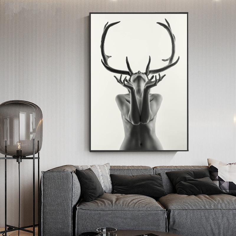 Nordic Modern Sexy Nude Woman Golden Deer Canvas Painting Naked Portrait Wall Art Picture for Living Room Home Decor Cuadros