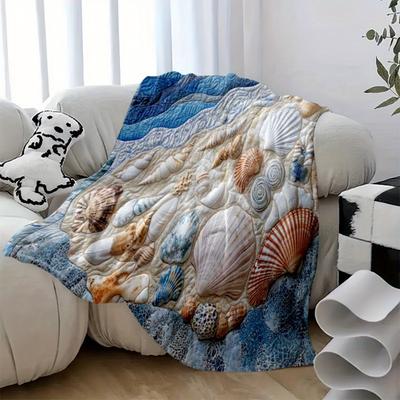 Coastal Ocean Print Blanket, Vintage Seashell Wave Pattern Flannel Throw for Beach Theme Home Decor & Gift