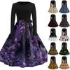 Women's Casual Long Sleeve Vintage Dress Halloween Print Retro Audrey Hepburn Style Round Neck Midi Dress with Waist Tie