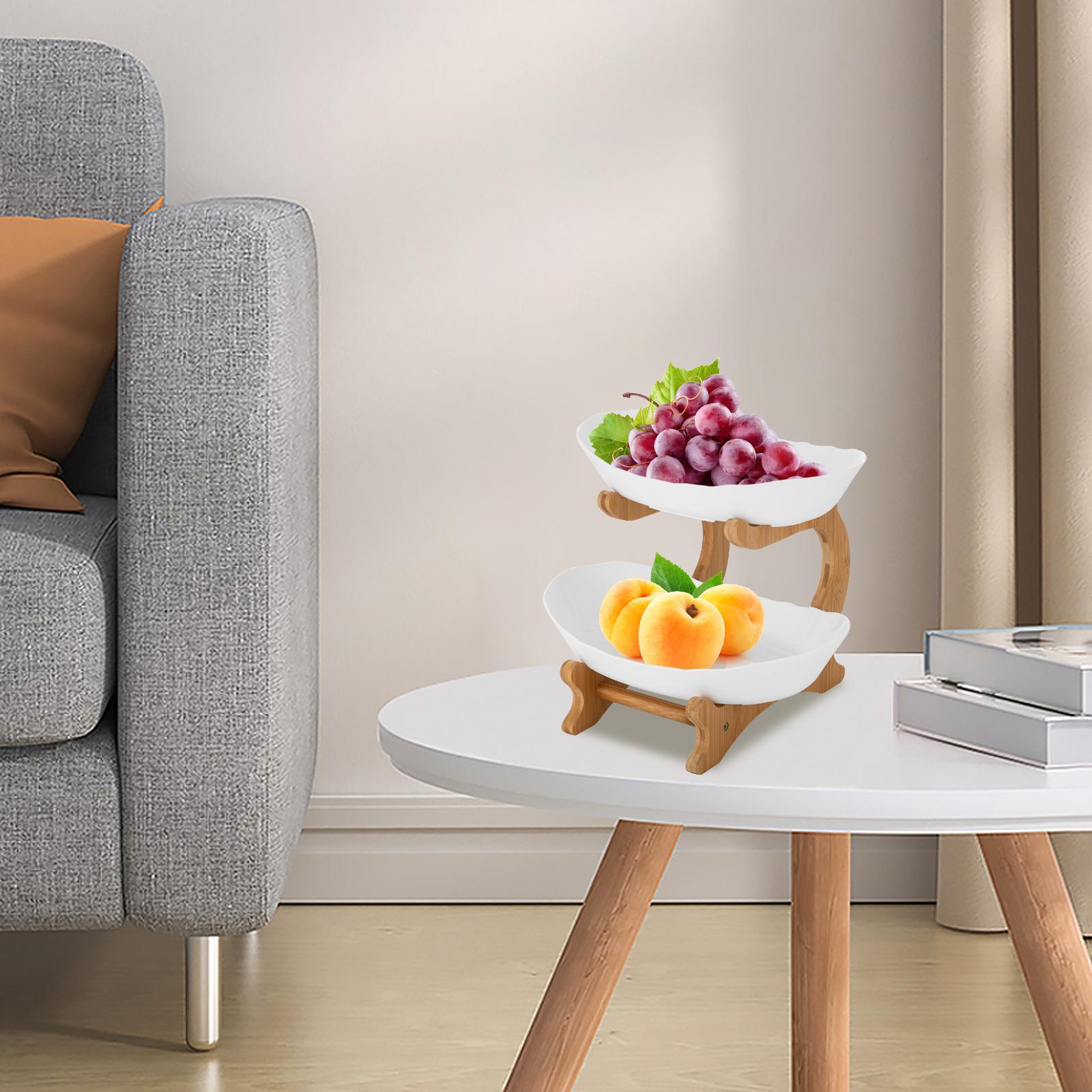 

2 Tier White Modern Fruit Bowl Stand - Stackable Bamboo & PP Serving Tray for Dining Table, Wedding - Easy Assembly, Lightweight белый