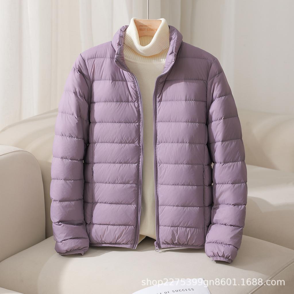Women's Lightweight Puffer Jacket Stand Collar Zipper Long Sleeve Quilted Short Down Coat Solid Color