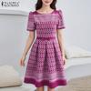 ZANZEA Damen Lässig Rundhals Sommer Kurzarm Print Kleid