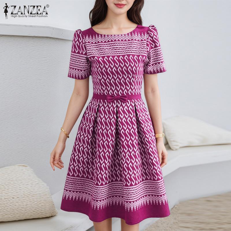 ZANZEA Women Casual Round Neck Summer Short Sleeve Print Dress