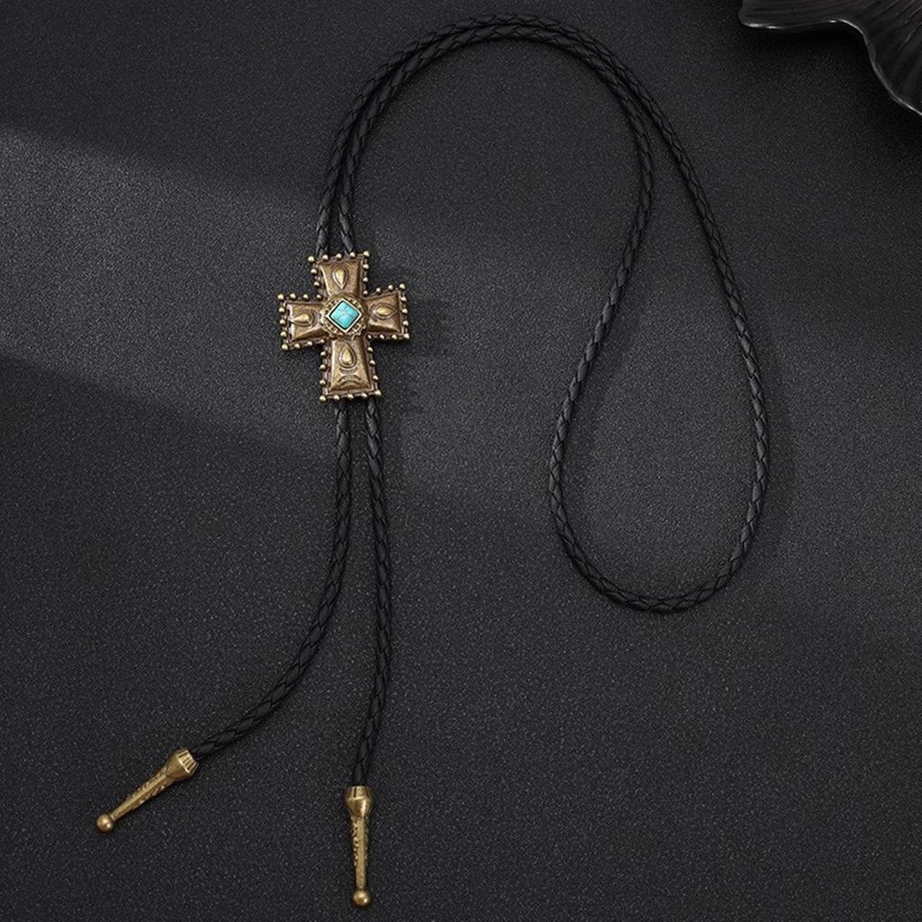 Men's Rodeos Bolo Tie with Turquoises Crosses Pendant Faux Leather Cord Necktie Adjustable Chain Shirt Collar Necklace