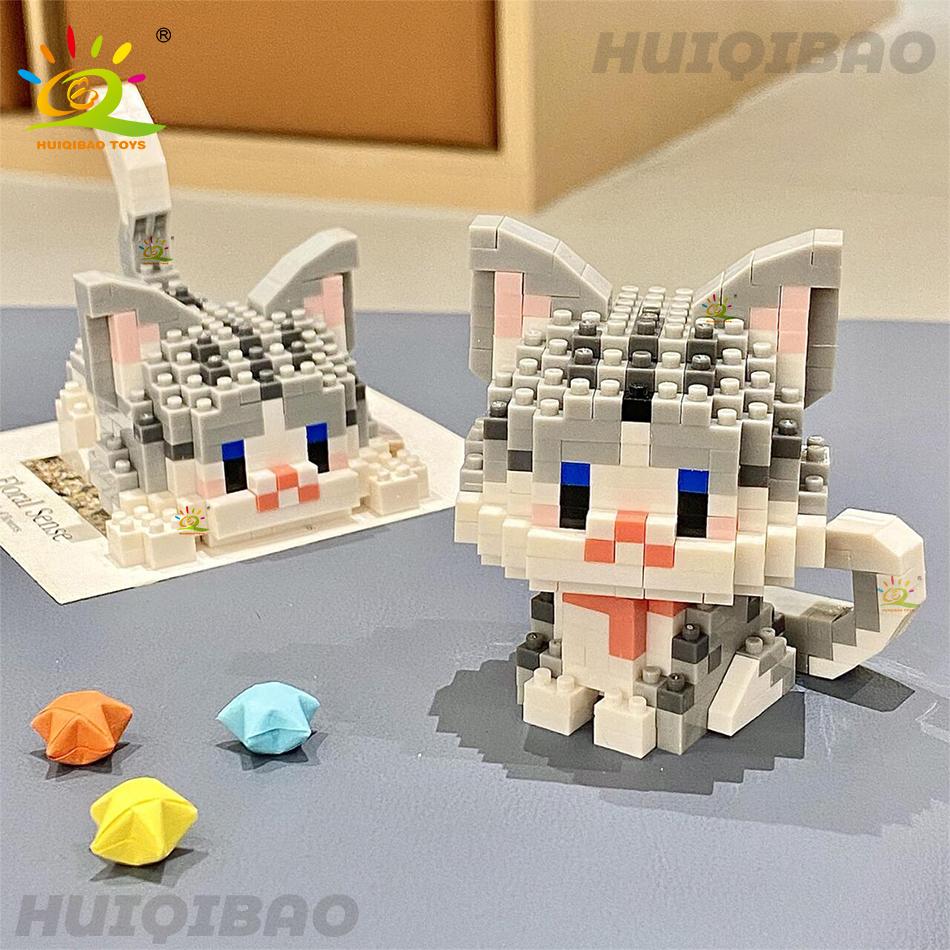 HUIQIBAO Cute Cat Micro Model Building Block Kids Mini Pets City Cartoon Animal Diamond Bricks Educational Toys Children Gift