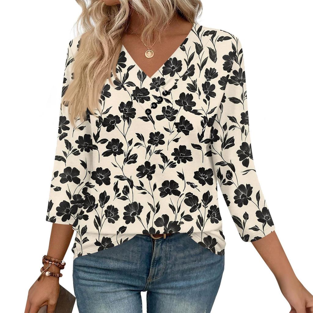 Women's Print Top Button-down V-neck T-shirt 3/4 Sleeve Loose Fashion Top