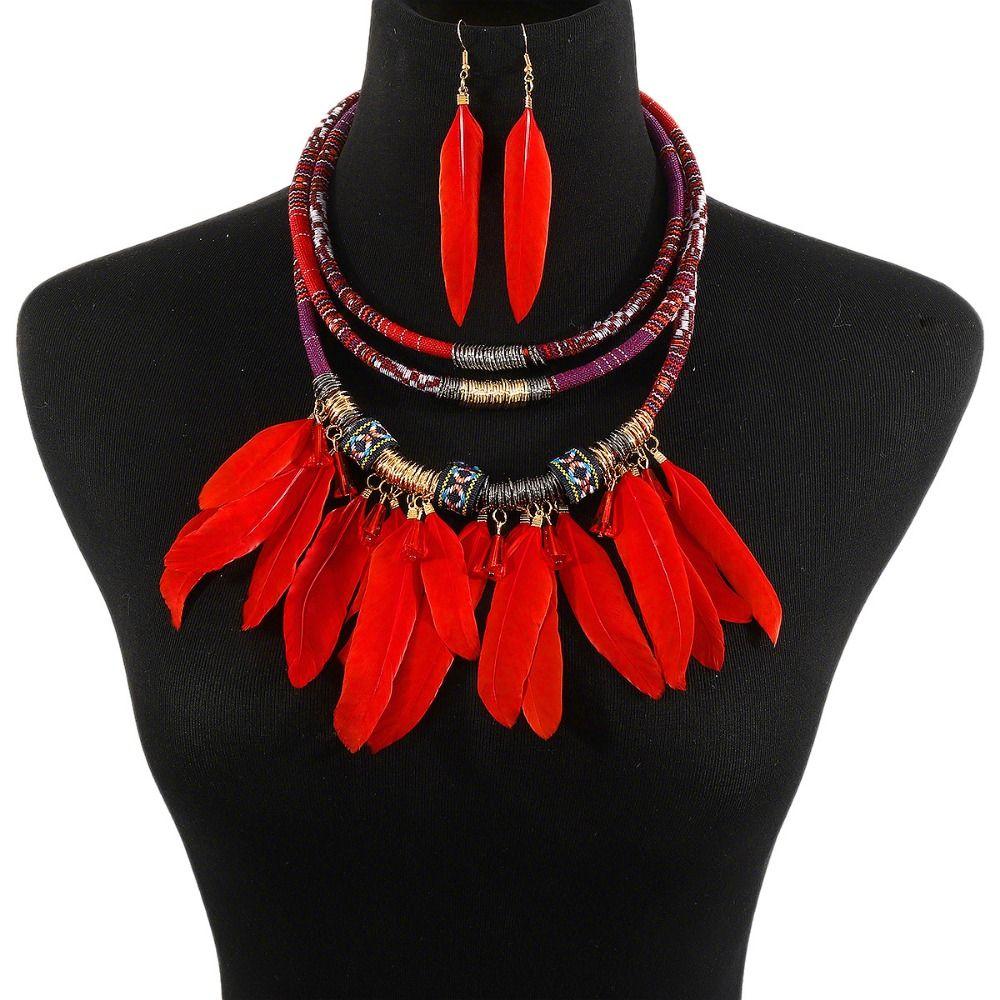 Fashion Feather Tassel Necklace Multilayer Necklace Earrings Set Ethnic Jewelry Set  Women Jewelry