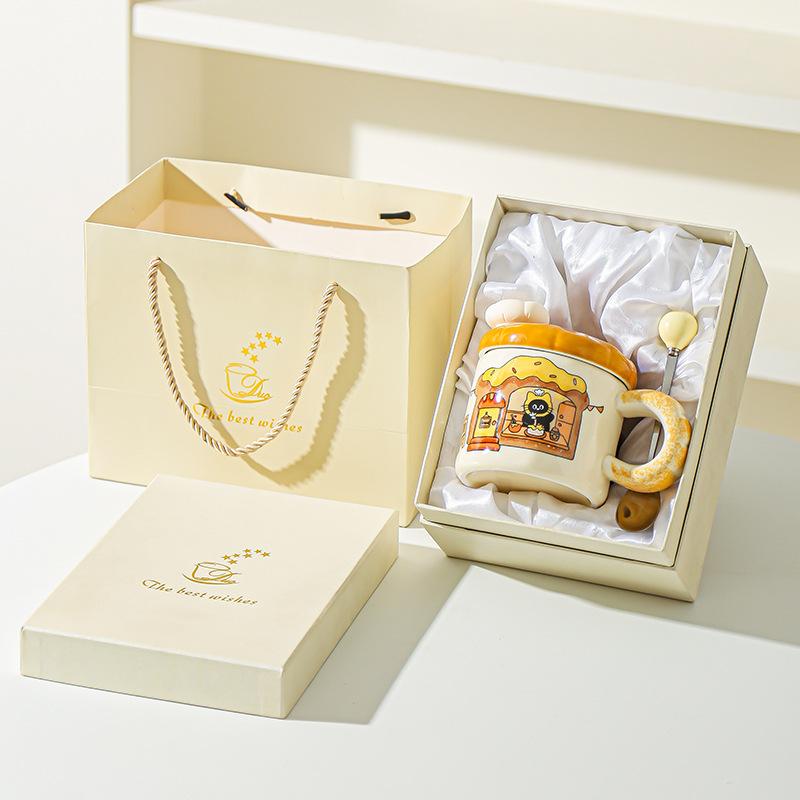 Korean Creative Bread Mug Cartoon Cat Ceramic Cup with Lid Household Water Cup Birthday Gift Souvenir