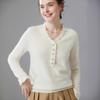 Women's White Cashmere V-Neck Lace Trim Slimming Soft Knit Top