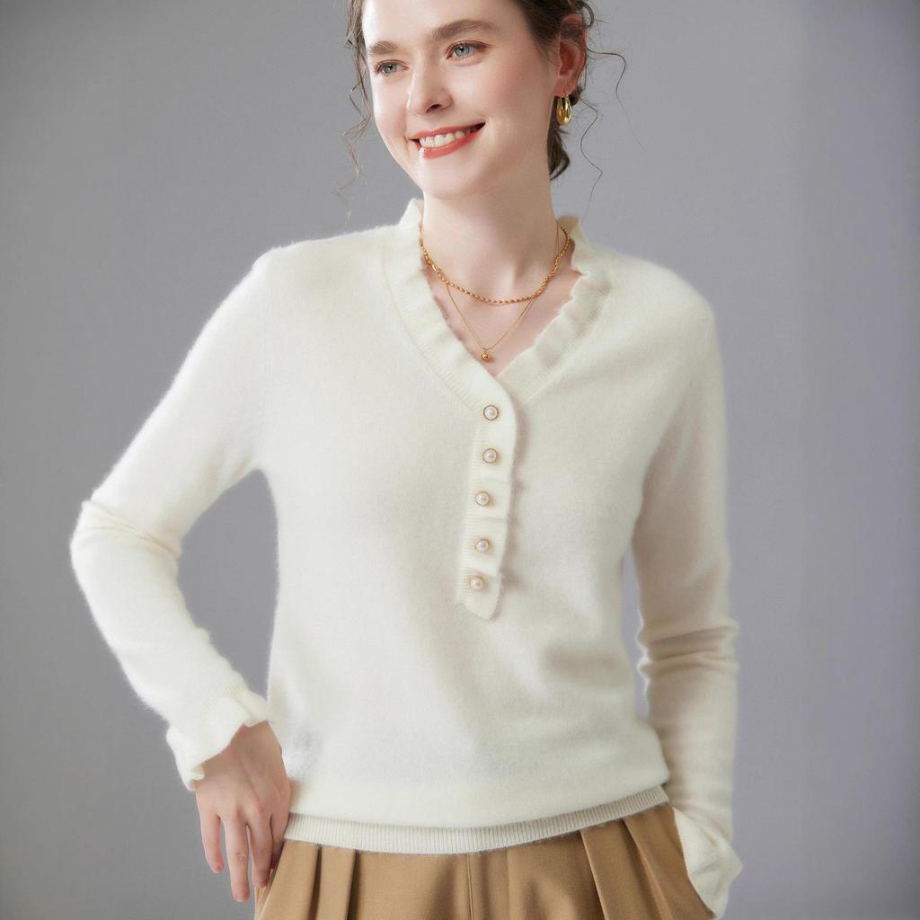 Women's White Cashmere V-Neck Lace Trim Slimming Soft Knit Top