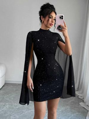 Women Casual Sparkle Print High Neck Lantern Sleeve Bodycon Mini Dress with Cape Detail Slim Fit Party Dress