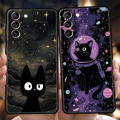 Phone Case Cover for Samsung Galaxy S25 Edge S24 S23 S22 S20 S21 FE Ultra S10 Plus 5G Soft TPU Cute Color Starry Sky Black Cat