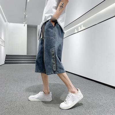 Jeans Estivi da Uomo Pantaloni di Jeans a Polpaccio Pantaloncini Casual Cotone Lavato Coulisse Pantaloni Capris Dritti