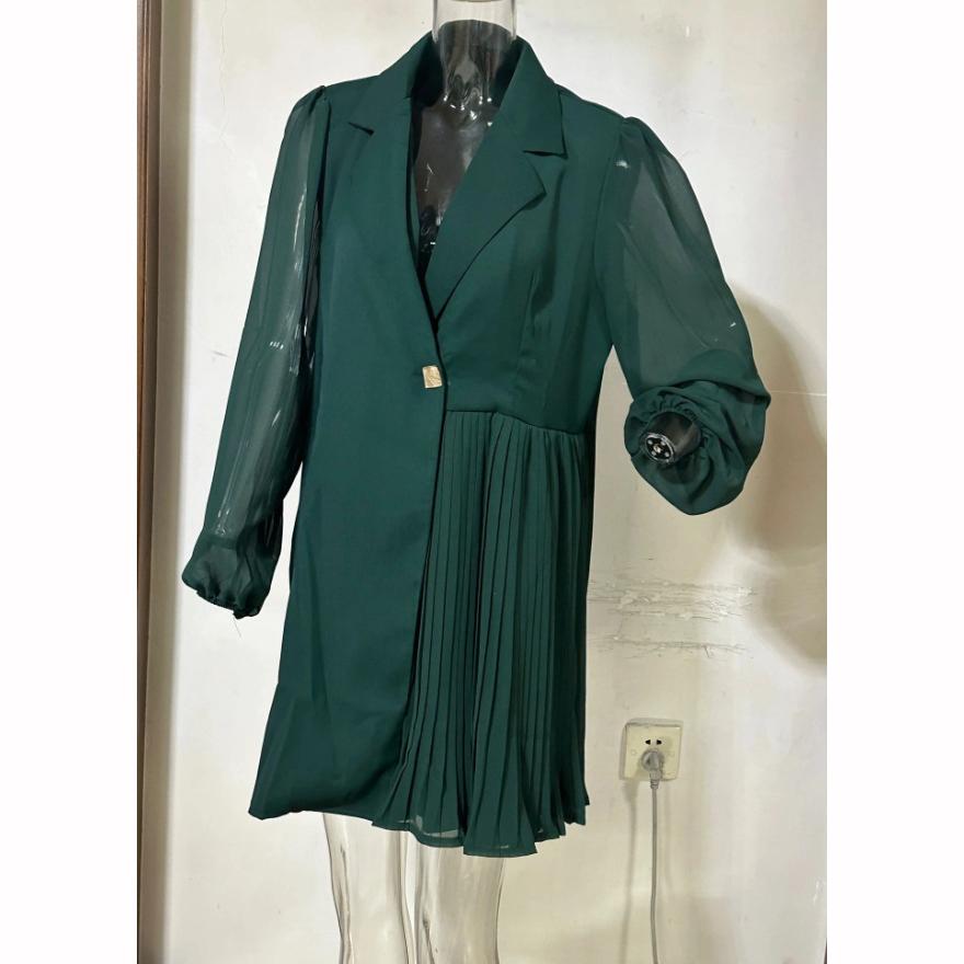 Spring Autumn European American Lapel Solid Color High End Temperament Pleated Design Long Skirt