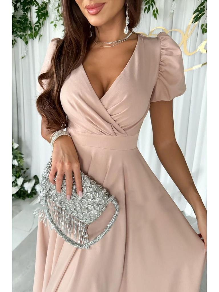 Temu Women's Sexy V-Neck Solid Color Mid-Calf Dress - European American Style