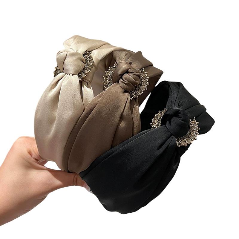 Fashion Women's Satin Headband With Center Knot Rhinestone for Adult Wide Brimmed Hairbands Ins Female Party Head Wears