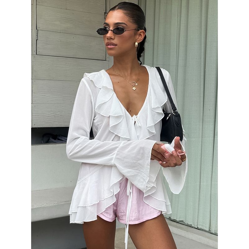 European and American Women's Shirt White Loose V-neck Frill Lace-up Top 2025 Summer Casual Shirt