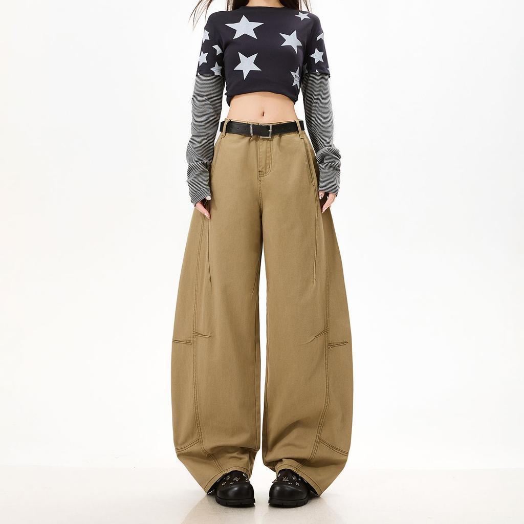 Spring Summer Heavy Faded Washed Camel Pure Cotton Patchwork Loose Saber Cut Trendy Denim Long Pants Ladies Casual Pants Oversize Denim Trousers