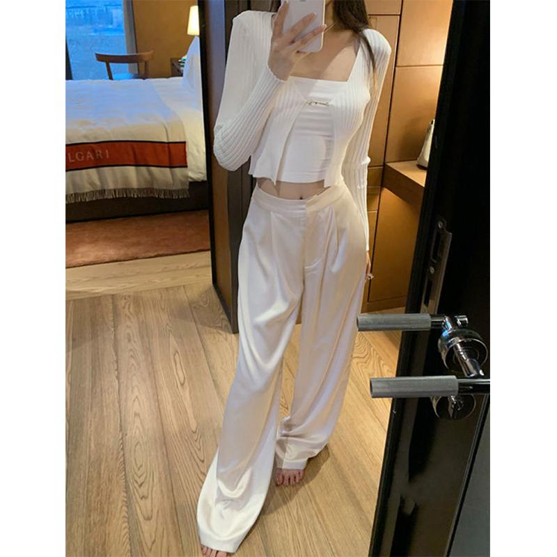 

Элегантные атласные широкие брюки женские модные черные белые брюки с высокой талией летние женские корейские мешковатые прямые брюки XS белый