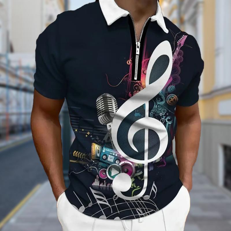Men's Shirt Polo Casual Zip Short Sleeve Fashion Casual Zipper Summer Spring Regular Fit Rock Music 3D Print Shirt
